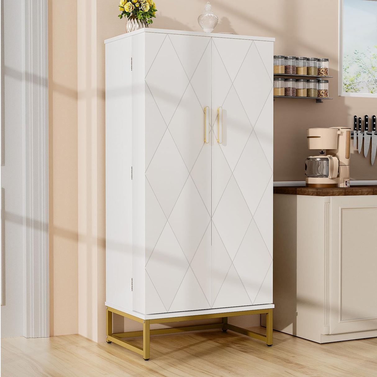 kepptory 51” Pantry Cabinets, White Freestanding Kitchen Pantry Storage Cabinet with Adjustable Shelves, Buffet Cupboards Storage Cabinet for Home Office Use, White + Gold kepptory
