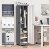 GREATMEET Slim Locking Metal Garage Storage Cabinet, 65" Lockable Utility Closet, Tall Steel Narrow Broom Closet Storage Cabinets with Door and Shelves for Laundry Room, Bathroom, White & Grey GREATMEET