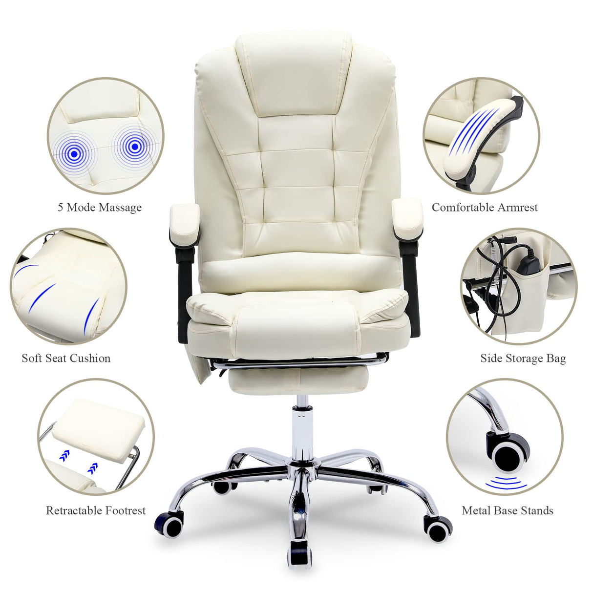 ONPNO Reclining Office Chair with Massage, Ergonomic Office Chair w/Foot Rest, PU Leather Executive Computer Chair w/Heated, Padded Armrest, High Back Swivel Recliner for Office Home Study (White) ONPNO
