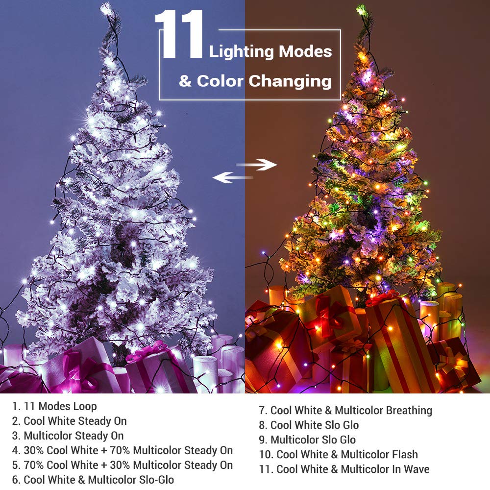 Brizled Color Changing Christmas Lights, 65.67ft 200 LED Cool White & Multicolor Christmas Lights, 11 Modes Remote Dimmable 24V Safe Adapter Outdoor Christmas Tree Lights String for Xmas Party Tree