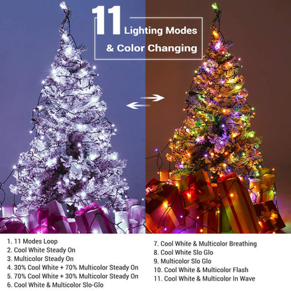 Brizled Color Changing Christmas Lights, 65.67ft 200 LED Cool White & Multicolor Christmas Lights, 11 Modes Remote Dimmable 24V Safe Adapter Outdoor Christmas Tree Lights String for Xmas Party Tree