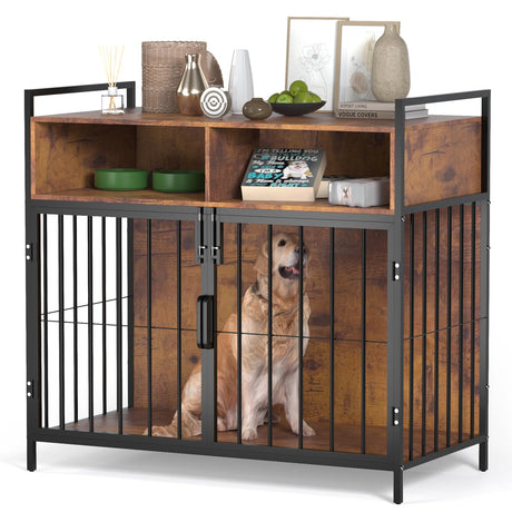 aboxoo Large Dogs Crate 40/32 Inches Furniture-Style Cages,Large Medium Dog Kennels Indoor,Wood Dog Crate Table with Drawers Storage,Heavy Duty Dog Crate(Rustic Brown) aboxoo