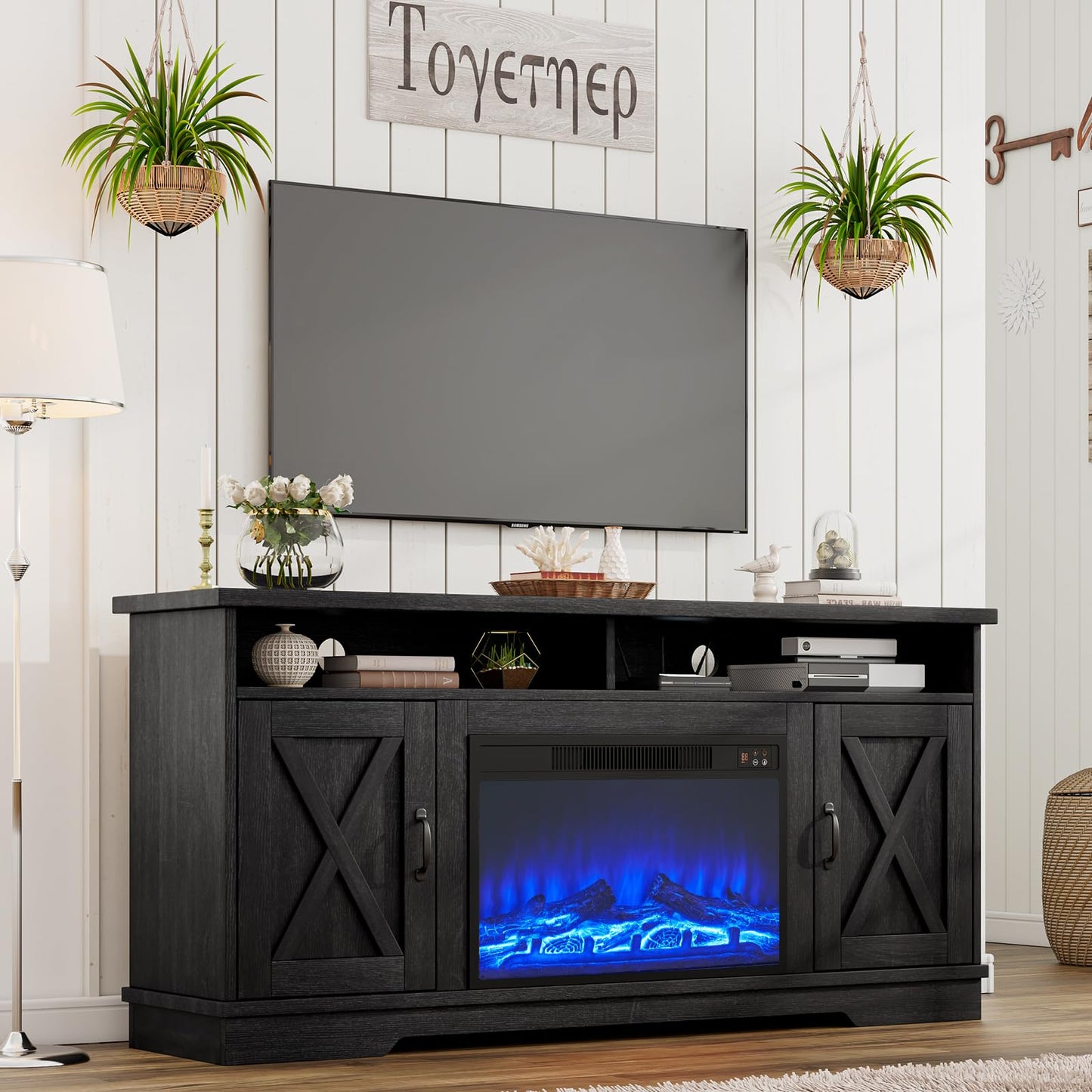 AMERLIFE 63" Farmhouse TV Stand with 26" Fireplace, for TVs up to 73", Entertainment Center with Adjustable Shelf & Barn Doors, TV Console Cabinet for Living Room, Antique Black & Oak