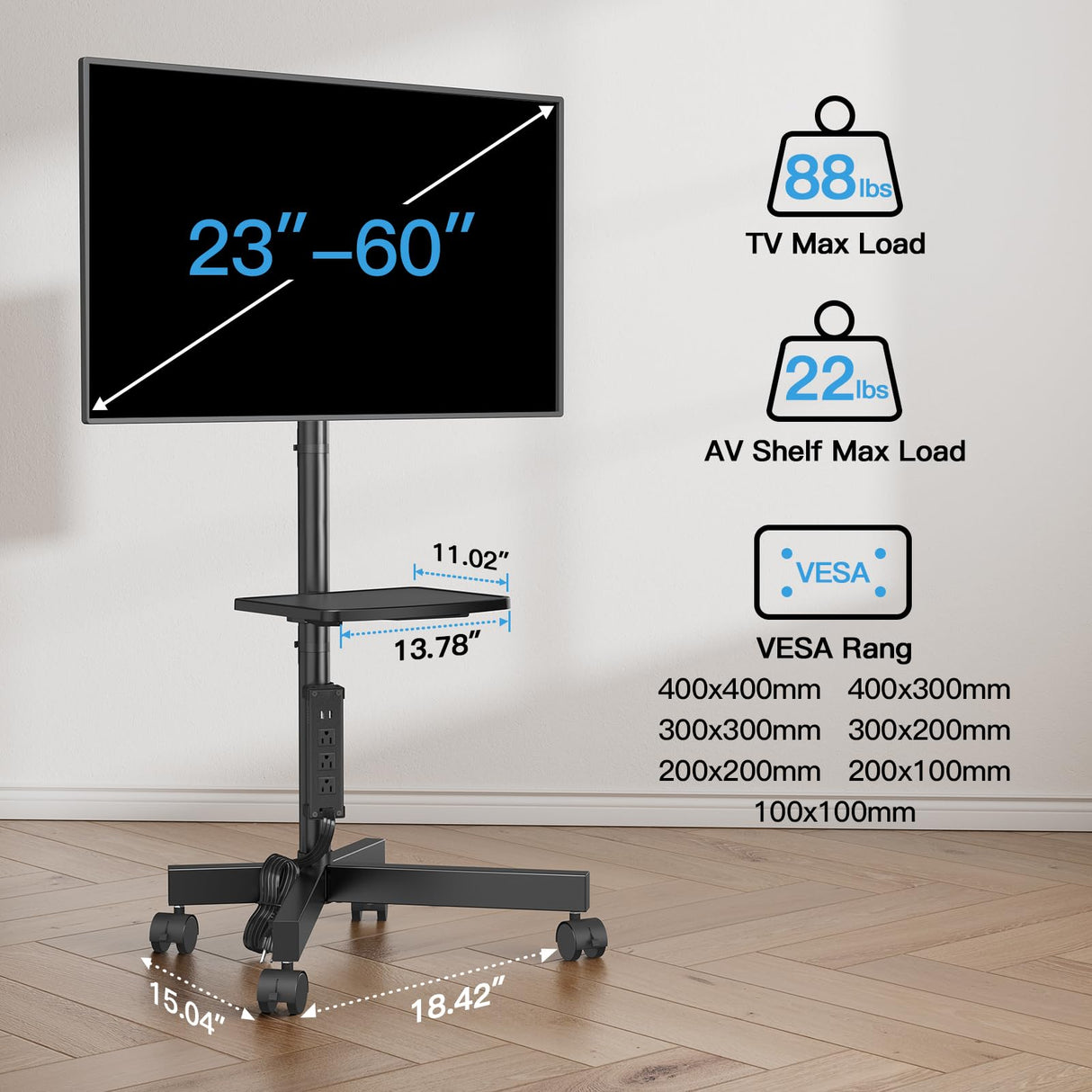 HUANUO Rolling TV Stand with Power Outlet, Mobile TV Cart for 23-60 Inch Flat/Curved LED/LCD/OLED TVs up to 88 lbs, TV Cart Height Adjustable Portable TV Stand on Wheels Max VESA 400x400mm HNTVMC02 HUANUO
