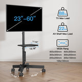 HUANUO Rolling TV Stand with Power Outlet, Mobile TV Cart for 23-60 Inch Flat/Curved LED/LCD/OLED TVs up to 88 lbs, TV Cart Height Adjustable Portable TV Stand on Wheels Max VESA 400x400mm HNTVMC02 HUANUO