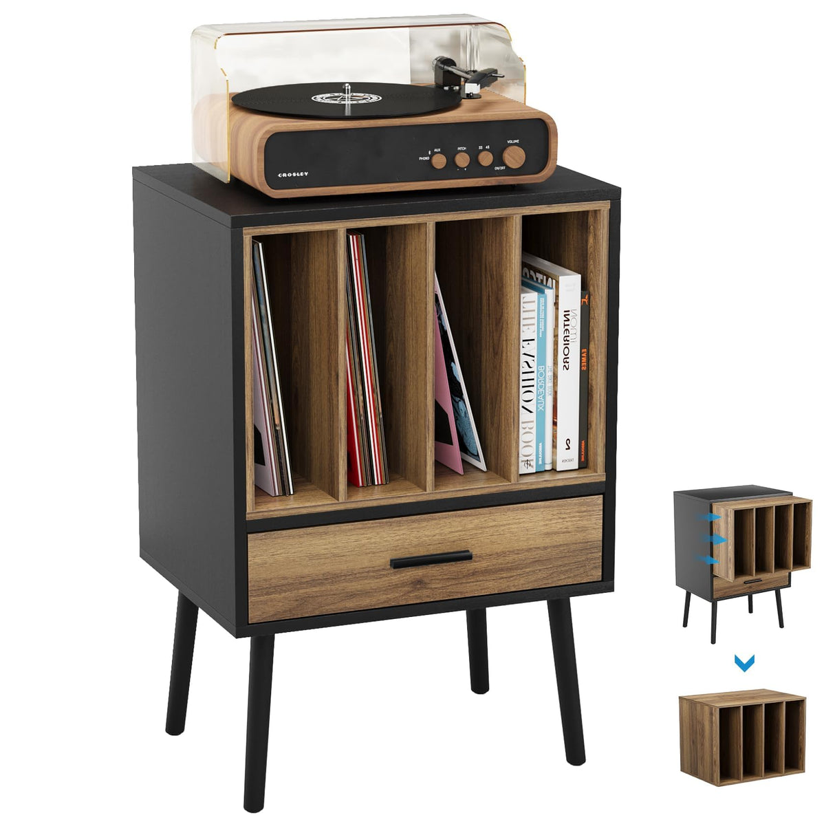 Semiocthome Record Player Stand with Nesting Vinyl Storage Crate, Record Player Table with a Drawer and Solid Wood Legs, Side End Table for Turntables for Living Room Bedroom Semiocthome
