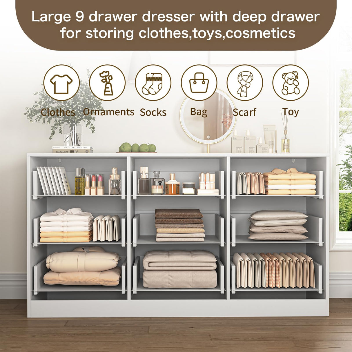 UZUGUL White 9 Drawer Dresser with Gold Handle for Bedroom,Modern Large Deep Drawer Dresser,Long Chest of Drawer for Bedroom,Storage Organizer Furniture for Closet,Hallway UZUGUL