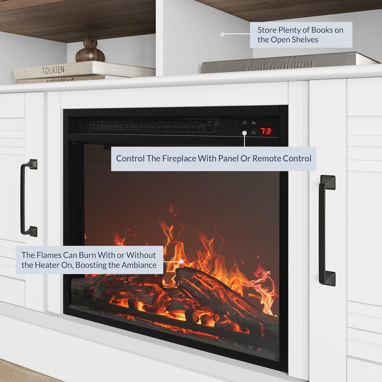 BELLEZE 48" TV Stand with 18" Electric Fireplace Heater, Modern TV Stand for TVs up to 50", Entertainment Media Stand with Open Shelves and Storage Cabinets for Living Room, Bedroom (White) BELLEZE