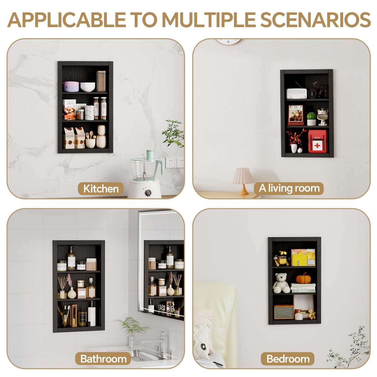 HAIDAIYA 14'' * 24'' Recessed Medicine Cabinet Wall Niche Wood, 3-Tier Bathroom Niche Insert for Drywall, in Wall Shelf Medicine Cabinets Replacement, for Living Room, Bathroom Storage, Black HAIDAIYA