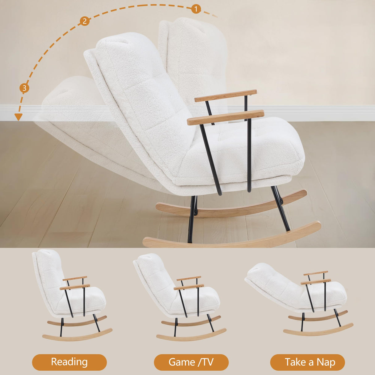 VECELO Wide Rocking Chair Nursery, Oversized Upholstered Glider with High Backrest and Padded Cushion, Teddy Fabric, Beige VECELO