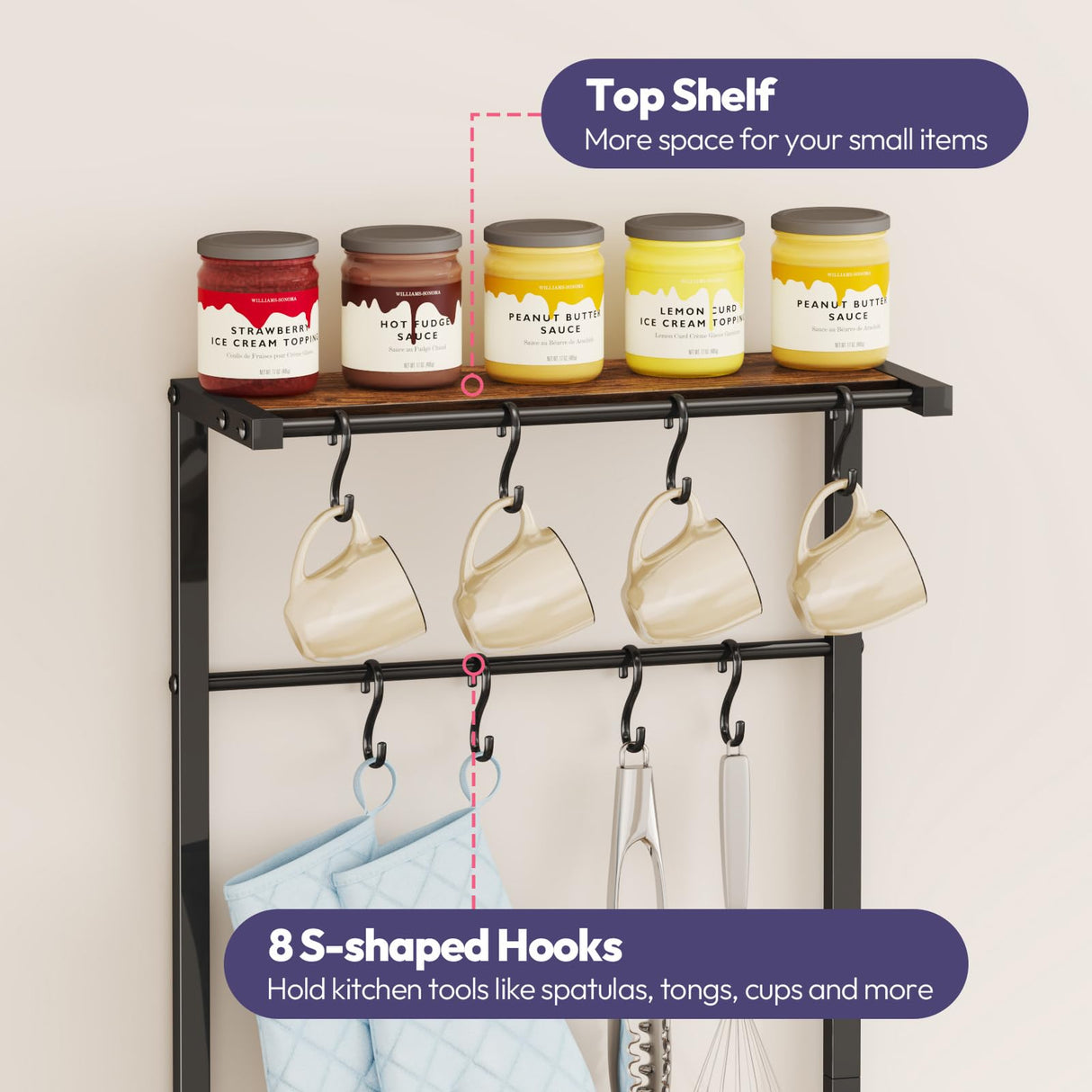 SWTYMIKI Bakers Rack with Storage - Coffee Bar Cabinet with Shelves, Coffee Station Organizer and Kitchen Stand with 8 Hooks, Baskets, Adjustable Feet for Kitchen Dining Room Pantry, Espresso SWTYMIKI