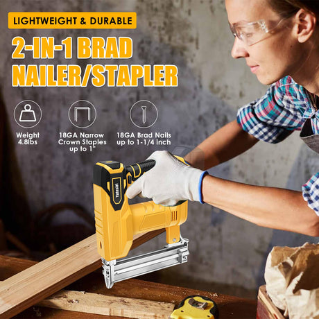 18GA Cordless Brad Nailer Compatible with Dewalt 20V MAX Battery, 2 in 1 Brushless 5/8 to 1-1/4 Inch Cordless Nail Gun with 1000pcs Nails/Staples for Carpentry and Woodworking Projects(Tools Only) Yutesiri
