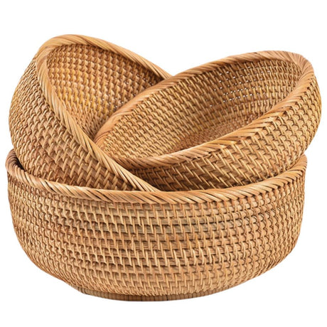 Rattan Bread Basket, Hand Woven Fruit Basket, Wicker Serving Basket Bowl, Decorative Baskets for Kitchen Counter Organizing, Set of 3 (Round) XIMISISE