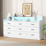 Bigbiglife 9 Drawer Dresser with Built in Power Outlet and LED Light, Modern Chest of Drawers for Bedroom, Triple Wide Drawer Organizer Cabinet for Living Room, Entryway, Hallway, Antique White Bigbiglife
