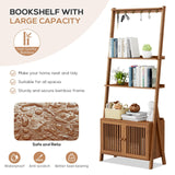 Bookcase with Drawers, 4-Tier Bamboo Bookshelf Ladder Shelf with 6 Hooks, Tall Narrow Retro Book Shelf, 24.8"L x 10.6"W x 59.5"H, Standing Storage Organizer for Living Room, Office, Bedroom, Walnut oakvivo