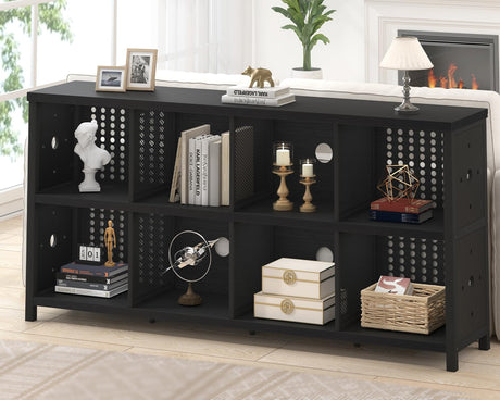 LVB Black Horizontal Bookshelf, Modern Cube Storage Organizer Bookcase, Industrial Wide Long Wood Metal Book Shelf, Farmhouse Low Large Cube Shelf for Office Home Bedroom Living Room, Black Oak, 63 In LVB