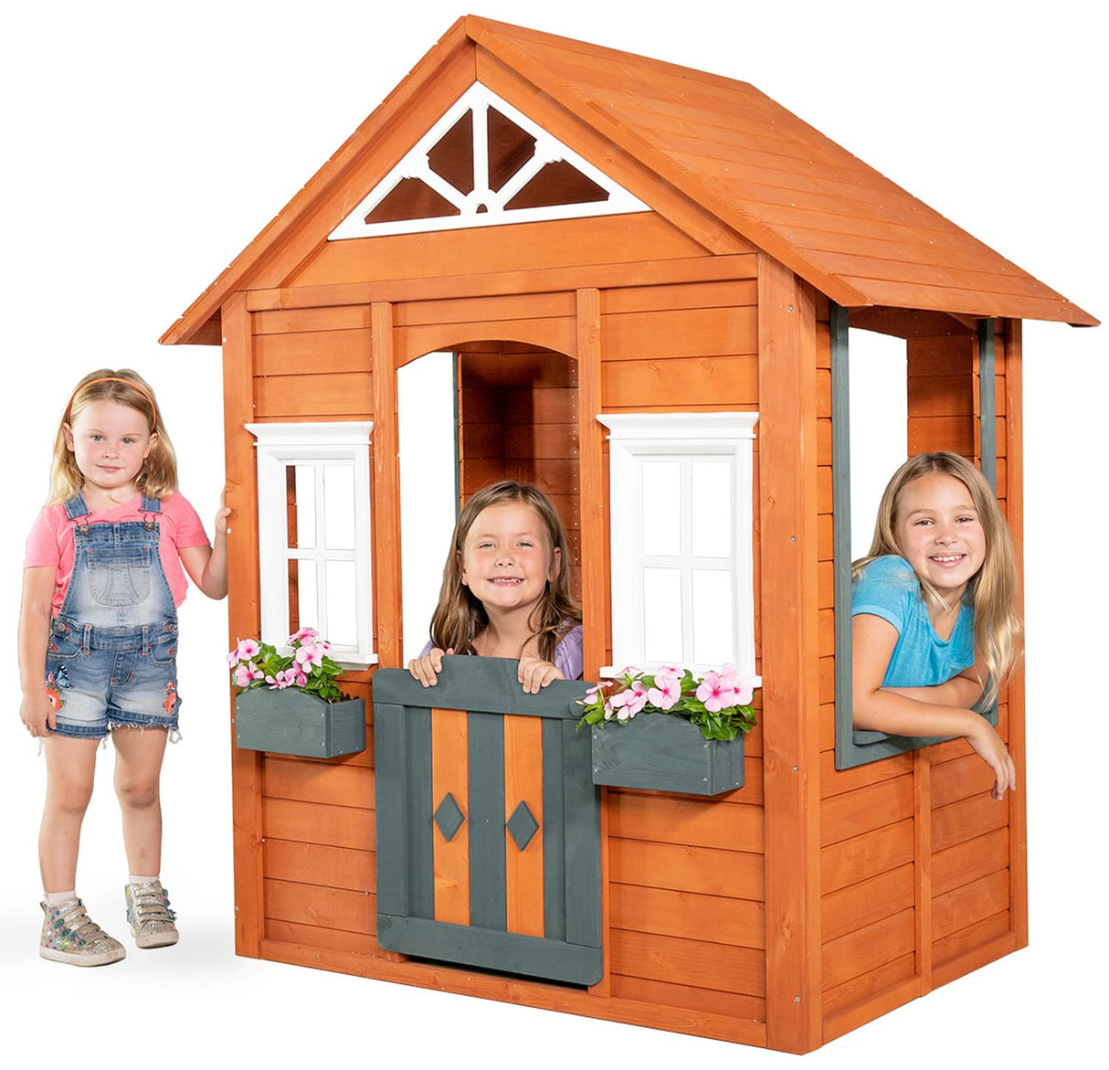 Sportspower Woodbridge Wooden Outdoor Backyard Playhouse with Flower Boxes, Red Sportspower