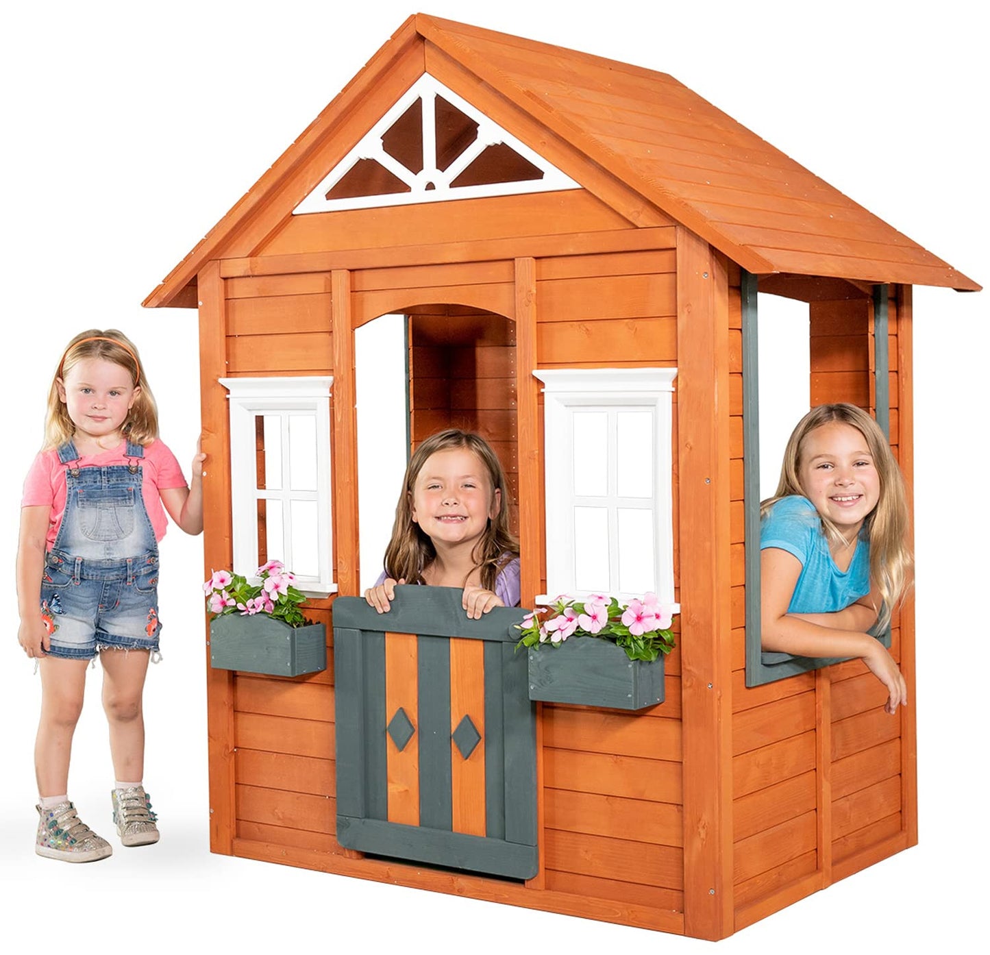 Sportspower Woodbridge Wooden Outdoor Backyard Playhouse with Flower Boxes, Red