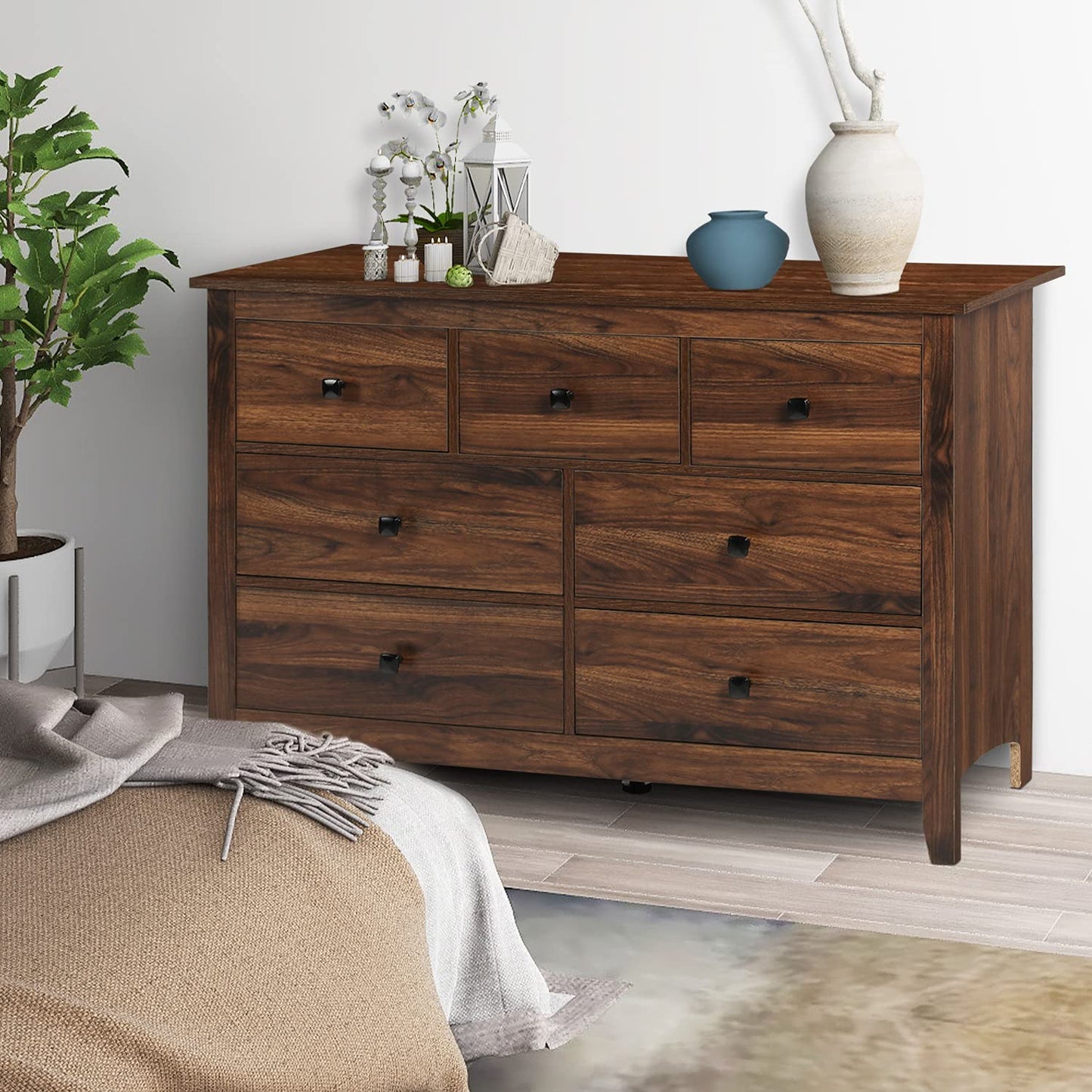 LTMEUTY Bedroom Dresser - Wooden Dresser for Bedroom, 7 Drawers Horizontal Dresser, Rustic Style Bedroom Furniture, Chest of Dresser, Brown Wood Grain