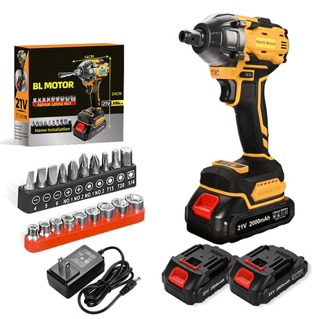 300N Cordless Impact Wrench, 21V Torque Power Driver, 1/2" Brushless Gun With 2*2.0Ah Batteries, 19 Accessories, Electric Motor Variable Speeds for Home Installation (Yellow) Tools 007