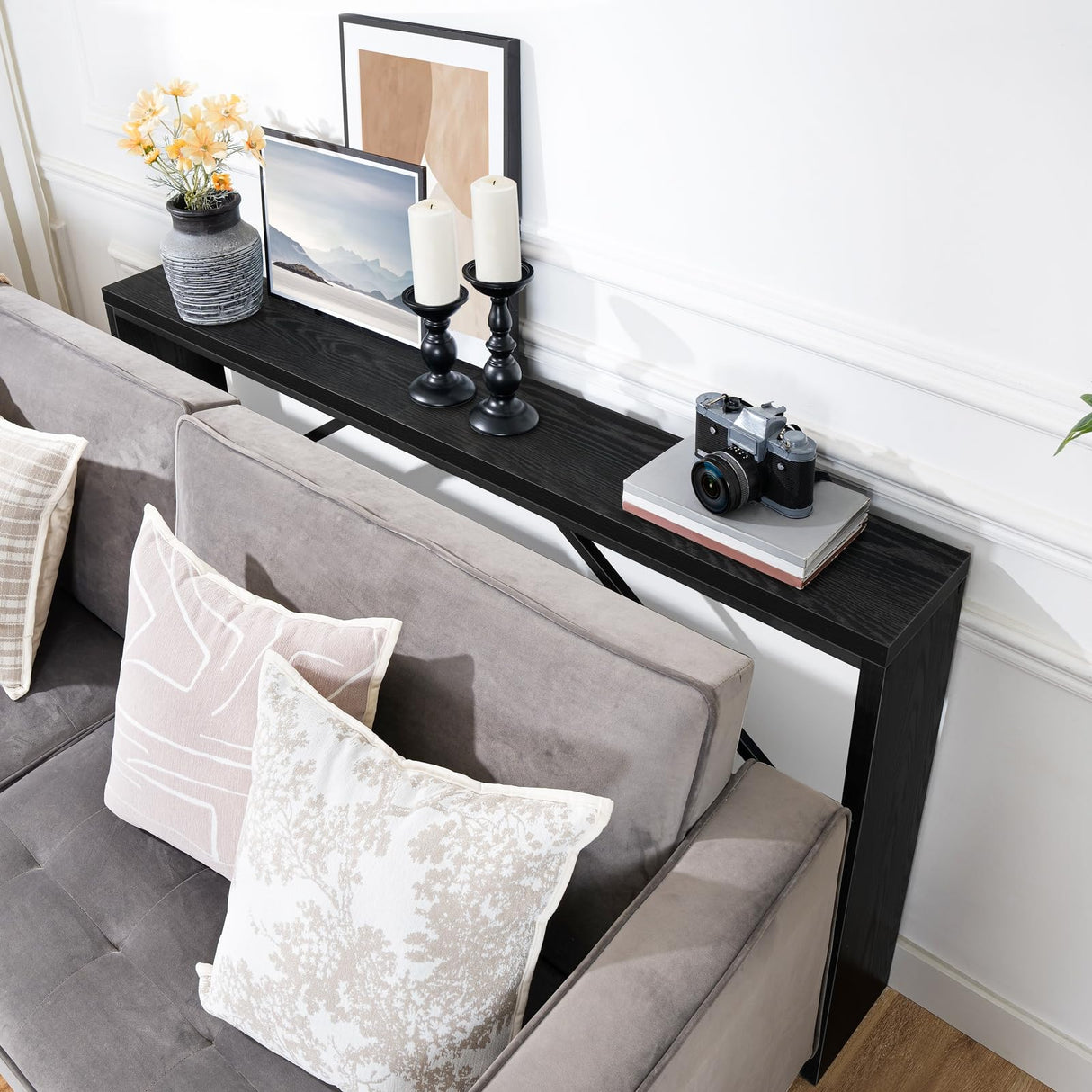 MAHANCRIS Console Table, 62.2" Long Sofa Table Behind Couch, Narrow Entryway Table, Farmhouse Dining Table with Angled Metal Frame, Industrial Console Table for Entryway, Black CTHB15801 MAHANCRIS