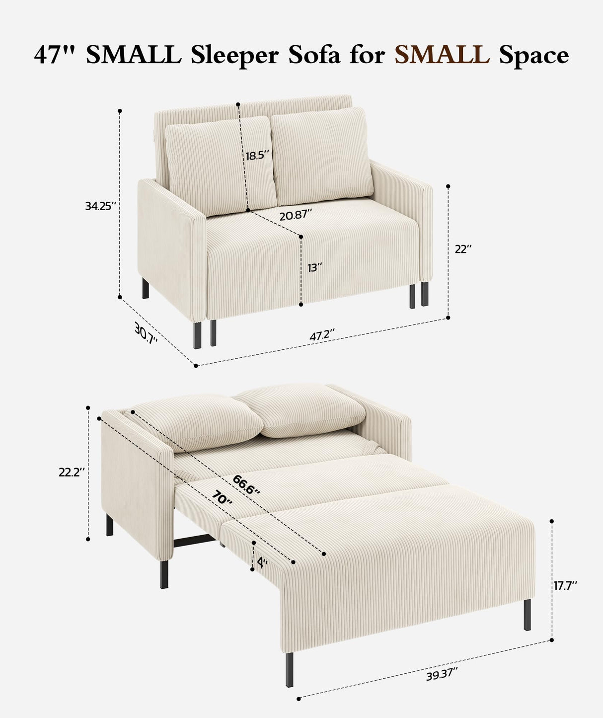 Corduroy Convertible Sofa Bed, 47" Loveseat Sleeper Sofa, Pull out Couch 618lbs Capacity, Modern Sleeper Couch Bed 2 Fluffy Pillows Included, Small Couches for Small Spaces/Apartment/Office, Beige Domusensus