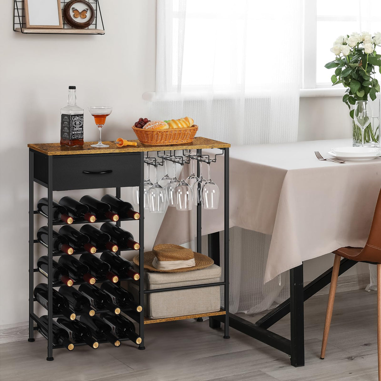 OYEAL Wine Rack Freestanding Floor, 5 Tier Display Wine Storage Shelves with Glass Holder & Fabric Drawer, 20 Bottles Liquor Cabinet Bar Stand for Home Bar, Kitchen Living Room, Rustic Brown OYEAL