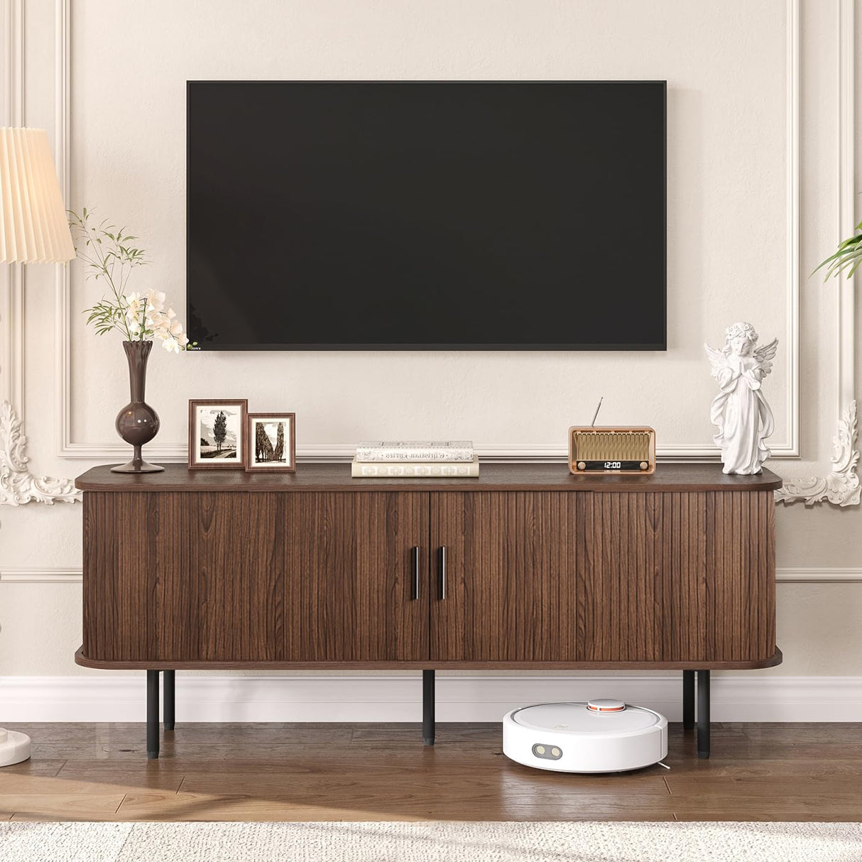 FiveWillowise 55" Mid Century Modern Fluted TV Stand for TVs up to 65 Inch, Gaming Entertainment Center with Tambour Slatted Sliding Doors, Media TV Consoles Table for Living Room, Walnut FiveWillowise