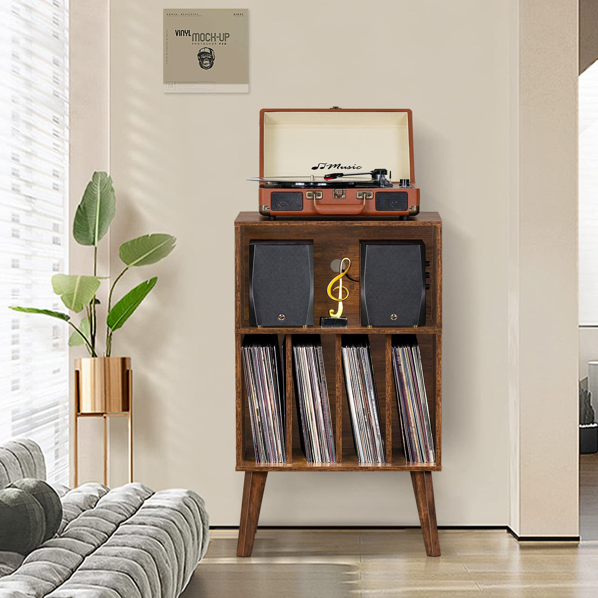 Lerliuo Record Player Stand, Brown Turntable Stand Holds up to 160 Albums, Mid-Century Vinyl Storage Cabinet Table with Solid Wood Legs, Record Player Holder Dispaly Shelf for Bedroom Living Room Lerliuo