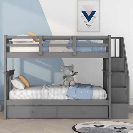 CITYLIGHT Bunk Bed Twin Over Twin with Trundle, Bunk Beds with Stairs and Open Shelves, Wooden Twin Bunk Bed for Kids, Teens,Bedroom, Dorm(Grey,Twin Over Twin) CITYLIGHT