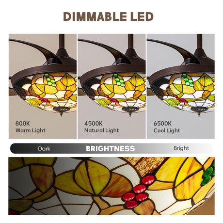 CROSSIO 48" Tiffany Ceiling Fan with Light Colorful Fandelier Vintage Chandelier Fan 48 Inch Stained Glass Ceiling Fan Retractable Blades Vintage Fandelier with Tiffany Light for Bedroom Living Room CROSSIO