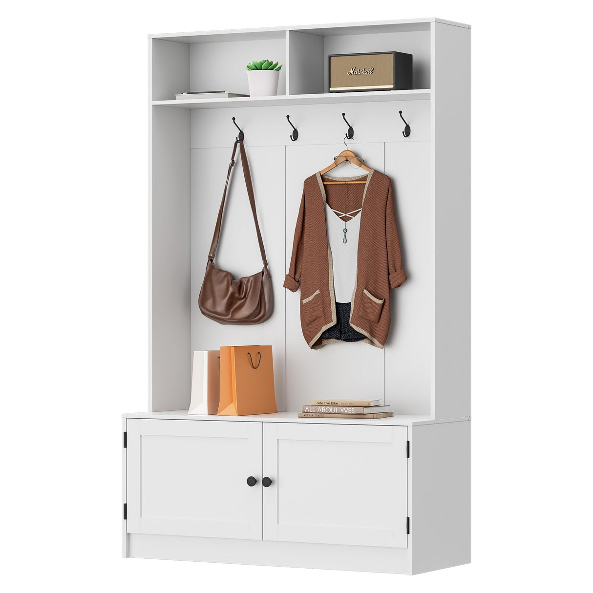 MHOM White Hall Tree with Storage Bench, 65" Tall Entryway Bench with Shoe Storage, Coat Rack and Top Shelf, Freestanding Wooden Hall Tree with Bench for Entryway, and Hallway MHOM
