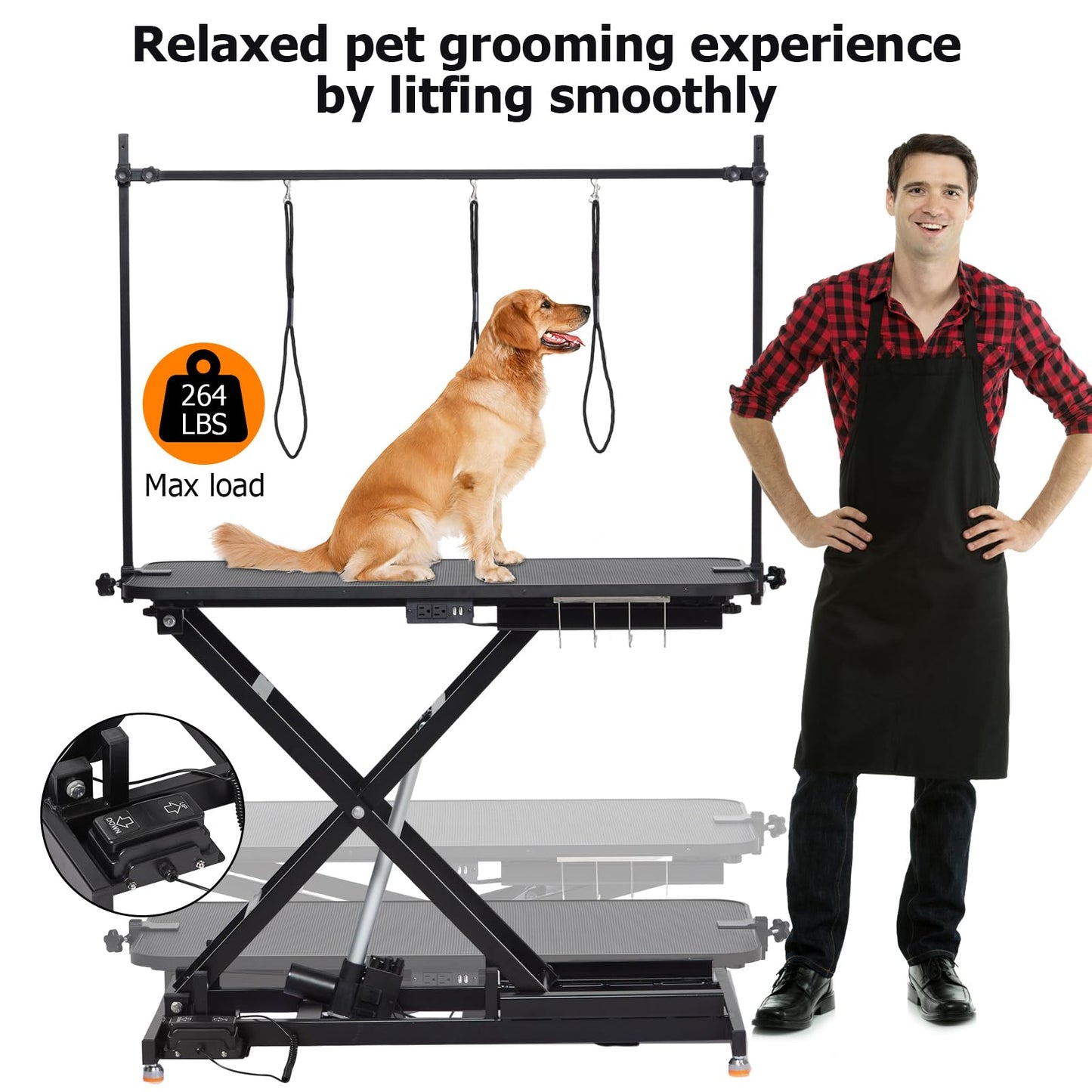 47“ Electric Lift Dog Grooming Table (Black), Heavy Duty Electric Grooming Arm Table for Pets & Large Dogs Adjustable Height: 9.4"-39.4" Non-slip Desktop with Gantry Crane Set, Fixture *4 Noose*2