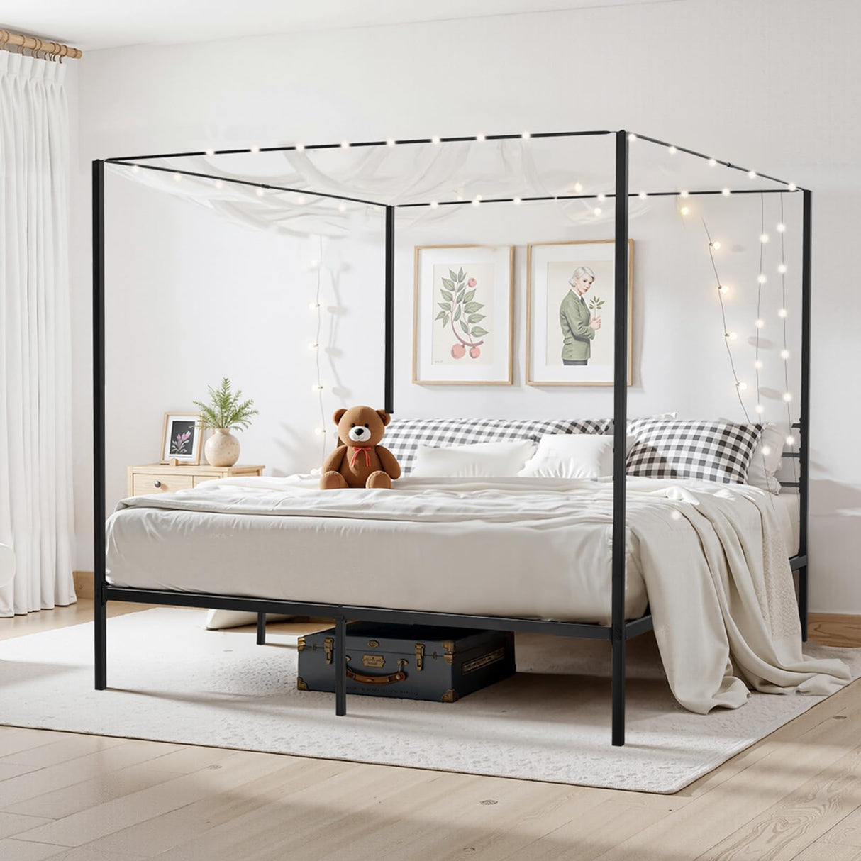 VEVOR Canopy Bed Frame King Size, Metal Canopy Bed with Charging Station and Four Posters Design, Heavy Duty Steel Slats Support, Underbed Storage Space, No Box Spring Needed, Easy Assembly, Black VEVOR