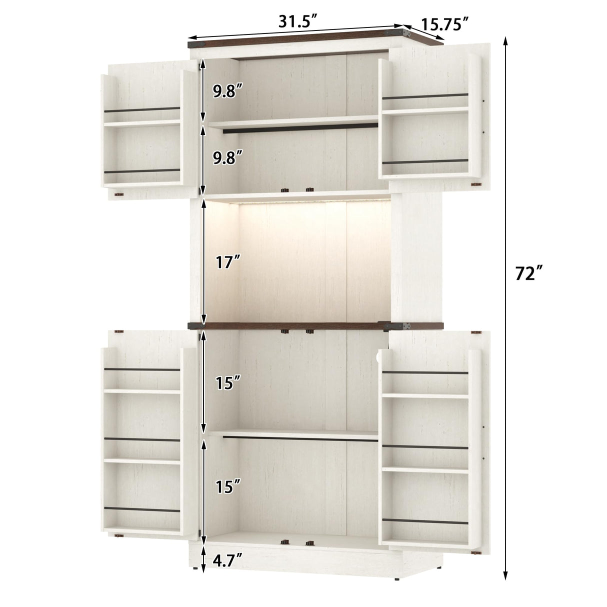 72" Tall Farmhouse Kitchen Pantry Cabinet with LED Light and Power Outlet,Modern Farmhouse Kitchen Storage Cabinet w Load-Bearing Steel Pipe,Barn Doors, Organizer,Food Pantry Cabinets(White) chartustriable