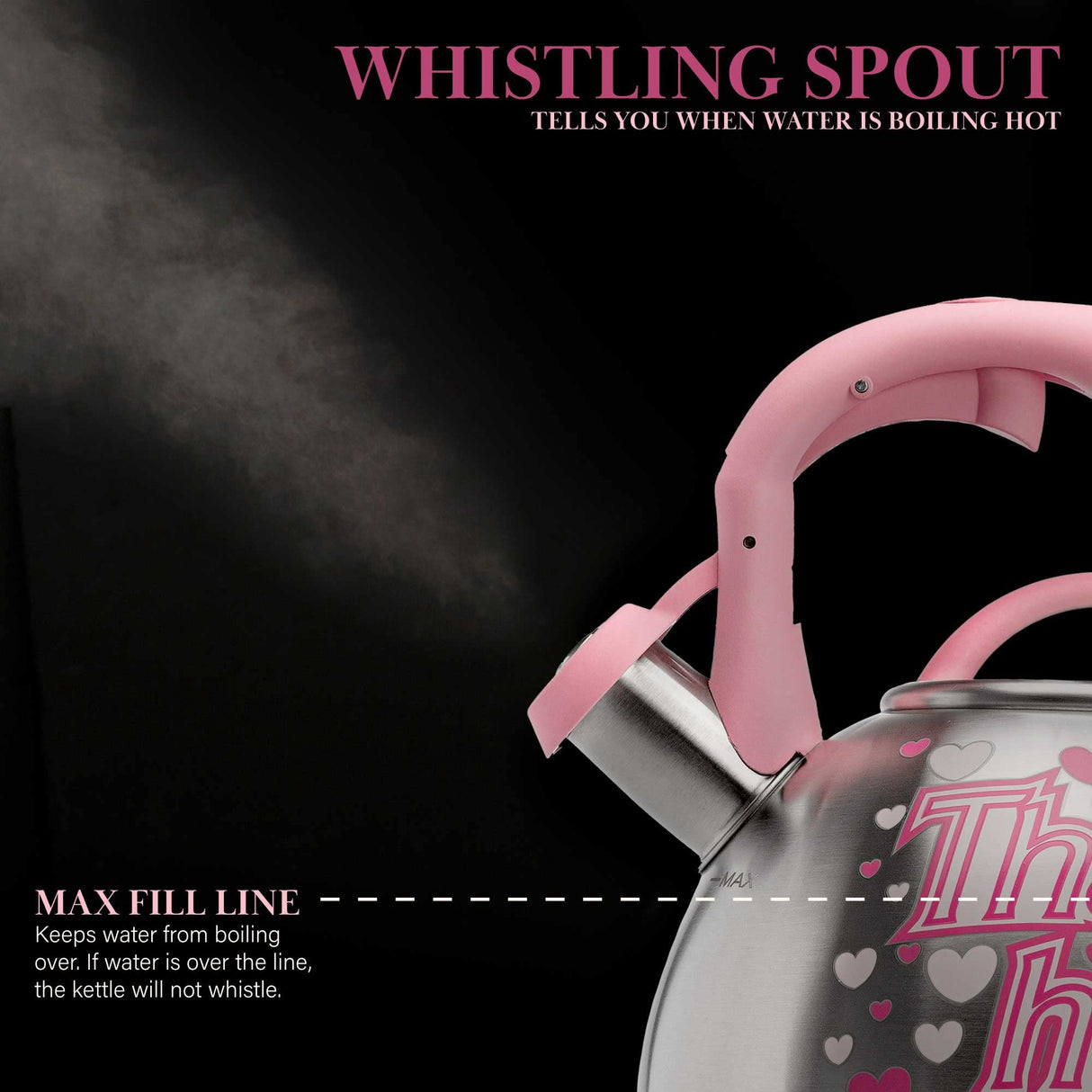 Paris Hilton Whistling Stovetop Tea Kettle, Stainless Steel with Color Changing "That's Hot" Heat Indicator Design, Soft Touch Handle, 2.5-Quart, Pink Paris Hilton