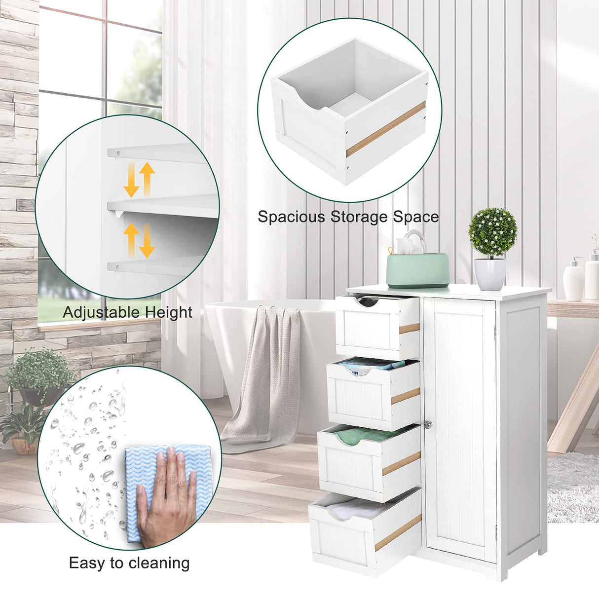Bonnlo Compact White Wooden Bathroom Storage Cabinet with 4 Drawers and Cupboard Bonnlo