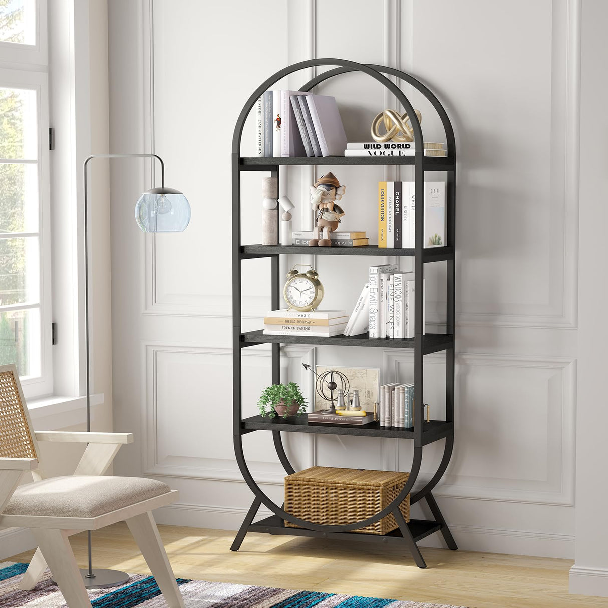 Kogven Bookshelf Arched Bookcase, Industrial 5 Tier Open Book Shelves with Metal Frame, 72" Tall Freestanding Display Rack for Home Office, Living Room, Black Kogven