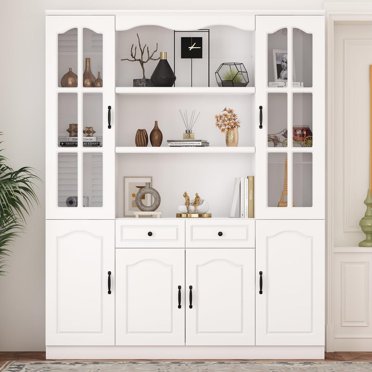 Elegant White Tall Bookcase with Glass Doors & 14 Compartments for Stylish Storage Homsee