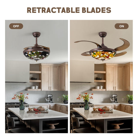 CROSSIO 48" Tiffany Ceiling Fan with Light Colorful Fandelier Vintage Chandelier Fan 48 Inch Stained Glass Ceiling Fan Retractable Blades Vintage Fandelier with Tiffany Light for Bedroom Living Room CROSSIO