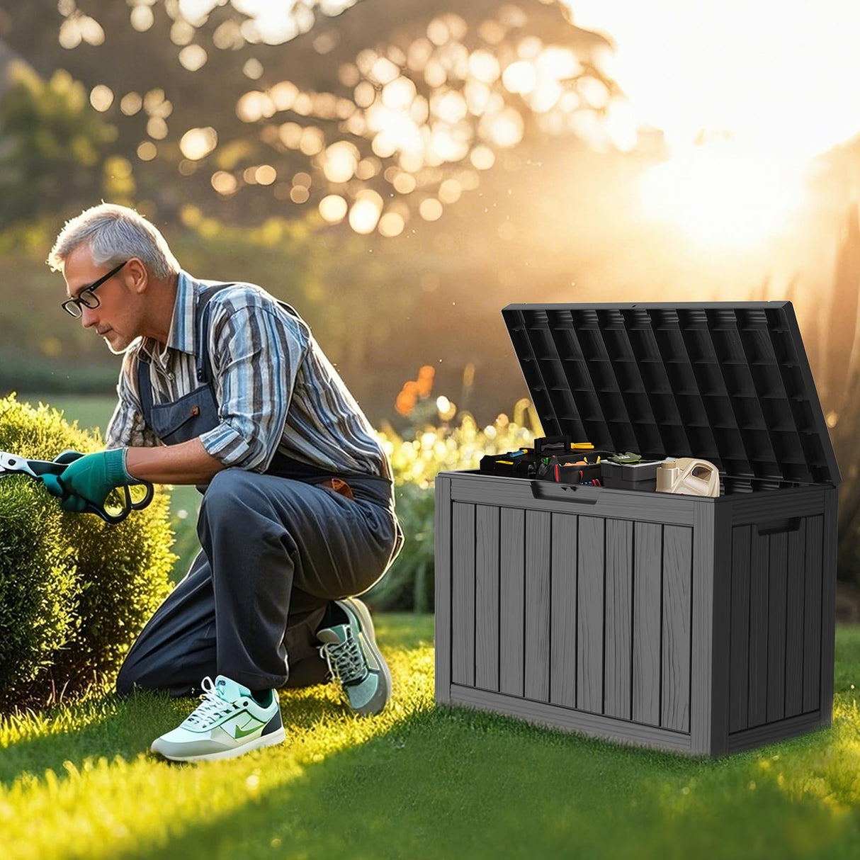 Treillage Tale Outdoor Storage Deck Box, 45 Gallon Outside Storage Box Waterproof Deck Box, Lockable Patio Storage Box UV-Resistant for Garden Furniture, Black Treillage Tale