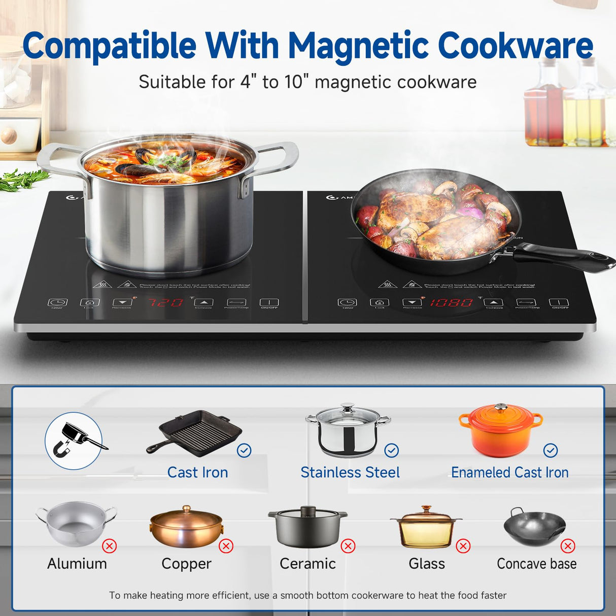 Double Induction Cooktop AMZCHEF Induction Cooker 2 Burners, Low Noise Electric Cooktops With 1800W Sensor Touch, 20 Temperature & Power Levels,Independent Control,3-hour Timer, Safety Lock amzchef