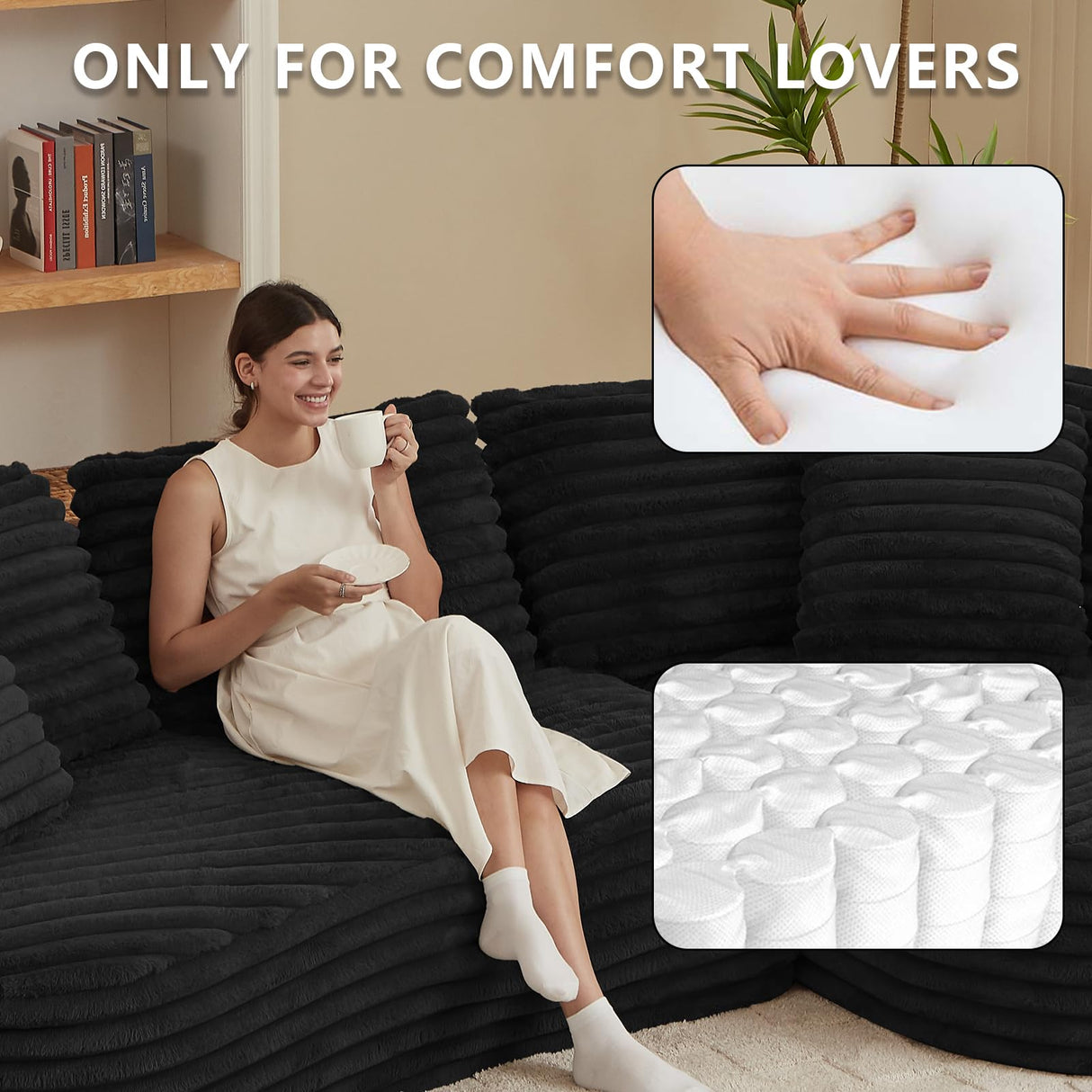 Tabaray 120.9'' Minimalist Curved Sofa, Boneless Modular Sectional Sofa, Cloud Corduroy L-Shaped Couch with Right Chaise, Modern Floor Couches for Living Room, Apartment, No Assembly Required, Black Tabaray