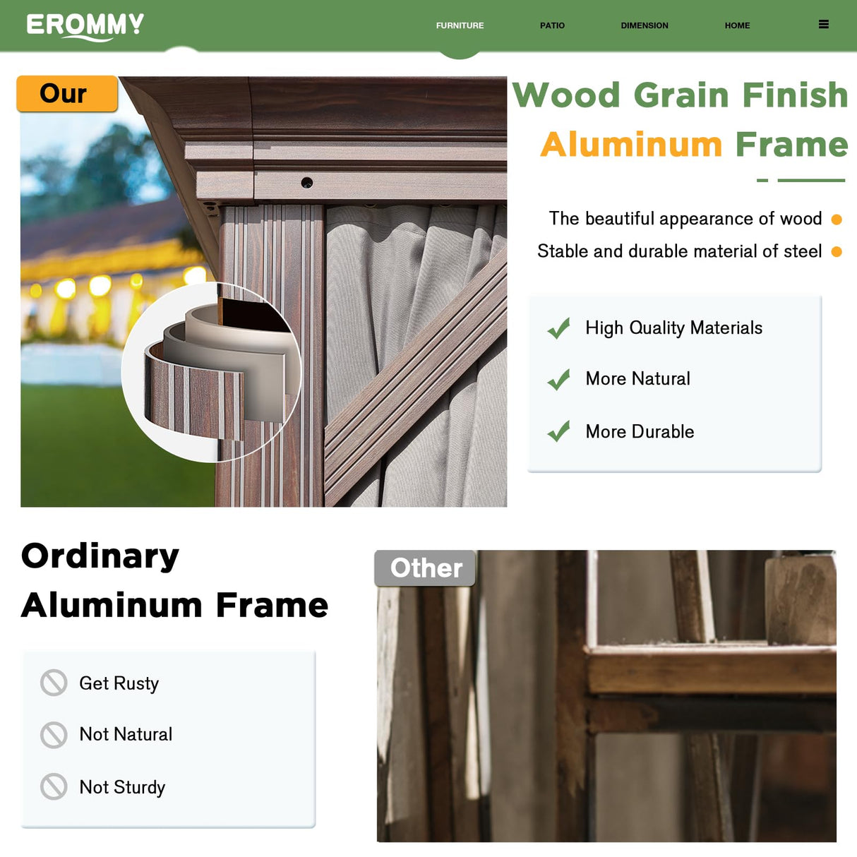 EROMMY 12' x 20' Hardtop Gazebo, Wooden Finish Coated Aluminum Frame Canopy with Double Galvanized Steel Roof, Outdoor Permanent Metal Pavilion with Curtains and Nettings for Patio,Garden, Backyard EROMMY