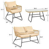 YITAHOME 4-Piece Patio Furniture Wicker Outdoor Bistro Set, All Weather Rattan Loveseat Conversation Sets with Soft Cushions and Glass Side Table for Backyard, Balcony and Deck, Light Brown+Beige YITAHOME
