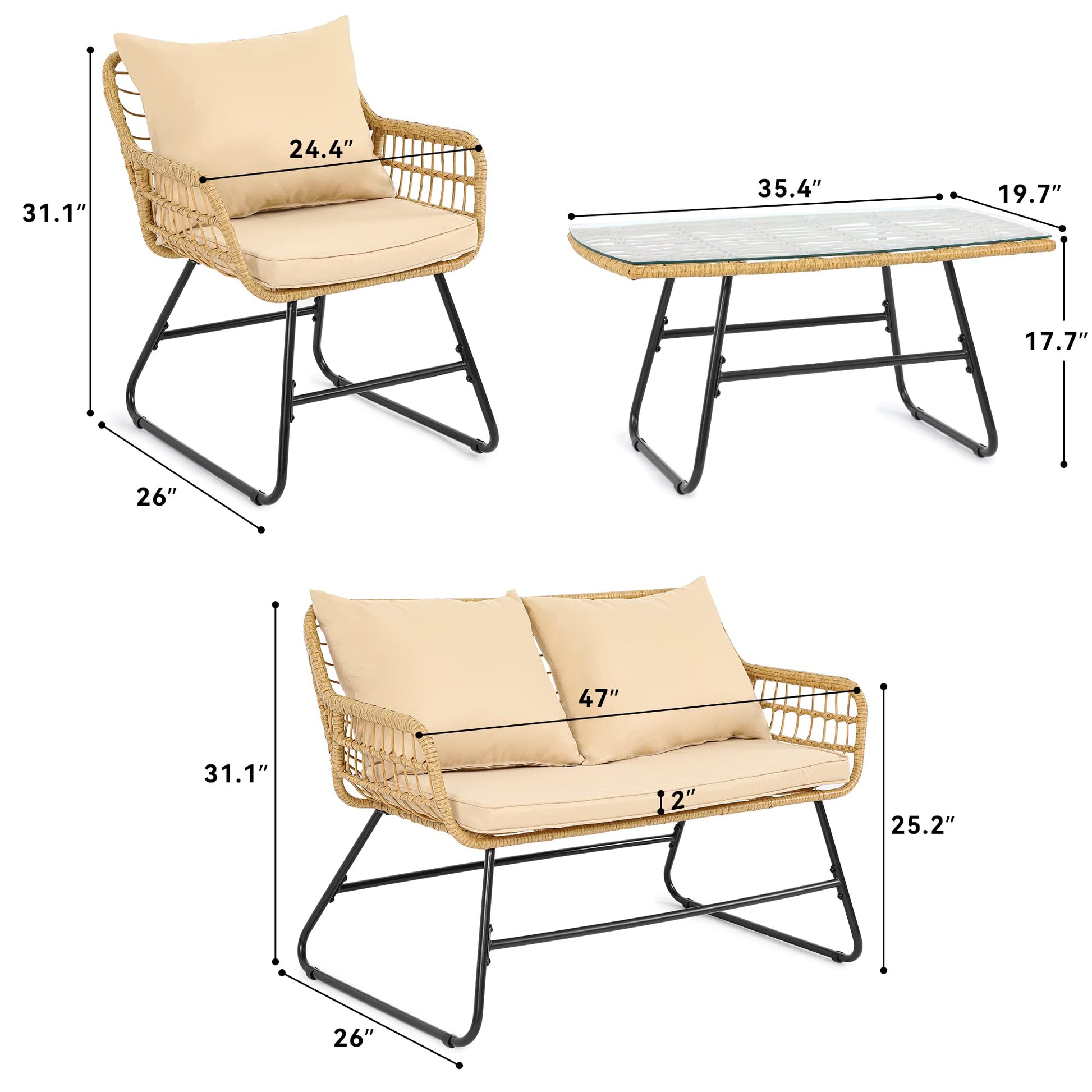 YITAHOME 4-Piece Patio Furniture Wicker Outdoor Bistro Set, All Weather Rattan Loveseat Conversation Sets with Soft Cushions and Glass Side Table for Backyard, Balcony and Deck, Light Brown+B - WoodArtSupply