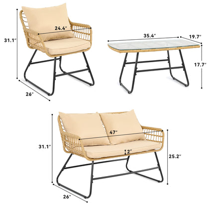 YITAHOME 4-Piece Patio Furniture Wicker Outdoor Bistro Set, All Weather Rattan Loveseat Conversation Sets with Soft Cushions and Glass Side Table for Backyard, Balcony and Deck, Light Brown+B - WoodArtSupply