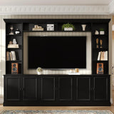 SOFTSEA 4-Piece Wall Unit Entertainment Center with Bookshelves for TVs up to 70", Modern TV Stand with 6 Doors & Adjustable Shelves, Large Media Center with Display Cabinet for Living Room, Black SOFTSEA