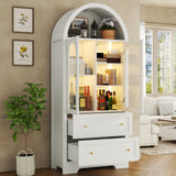 70" Tall Arched Bookcase with LED Lights, Modern Curved Cabinet with Glass Door, Arched Bookshelf Cabinet with 2 Storage Drawers, Display Storage Cabinet with Adjustable Shelves for Living Room,White Gyfimoie
