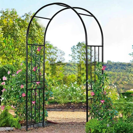 LDAILY Moccha Garden Arch Arbor Trellis, 7.2Ft Outdoor Steel Arbor with Stakes, Metal Archway for Climbing Plants, Wide Sturdy Durable Garden Arch for Lawn, Party, Ceremony Wedding Decoration, Black LDAILY